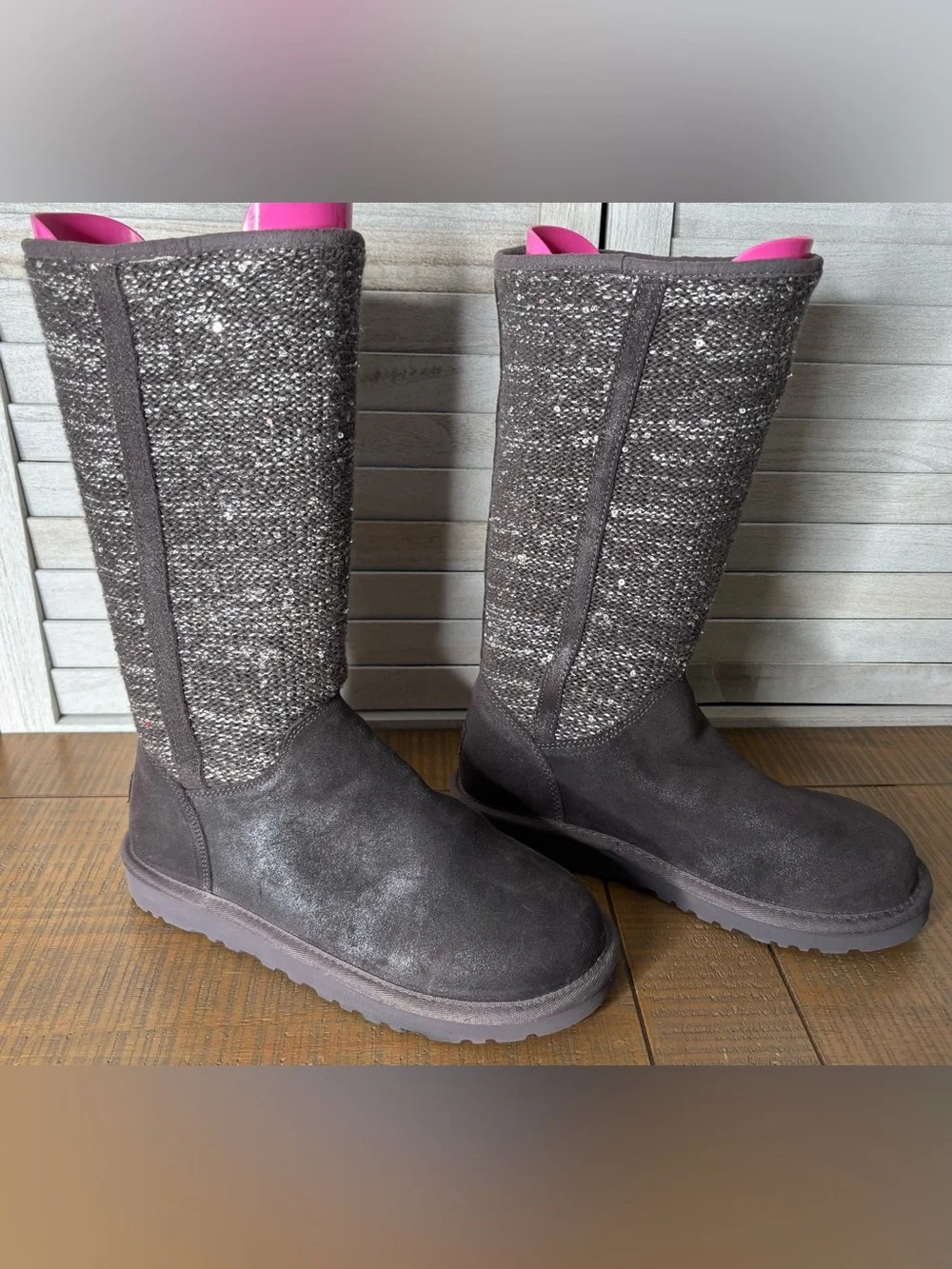 UGG Australia Camaya Tall Suede Sequin Knit Sweater Boots Gray Size 8